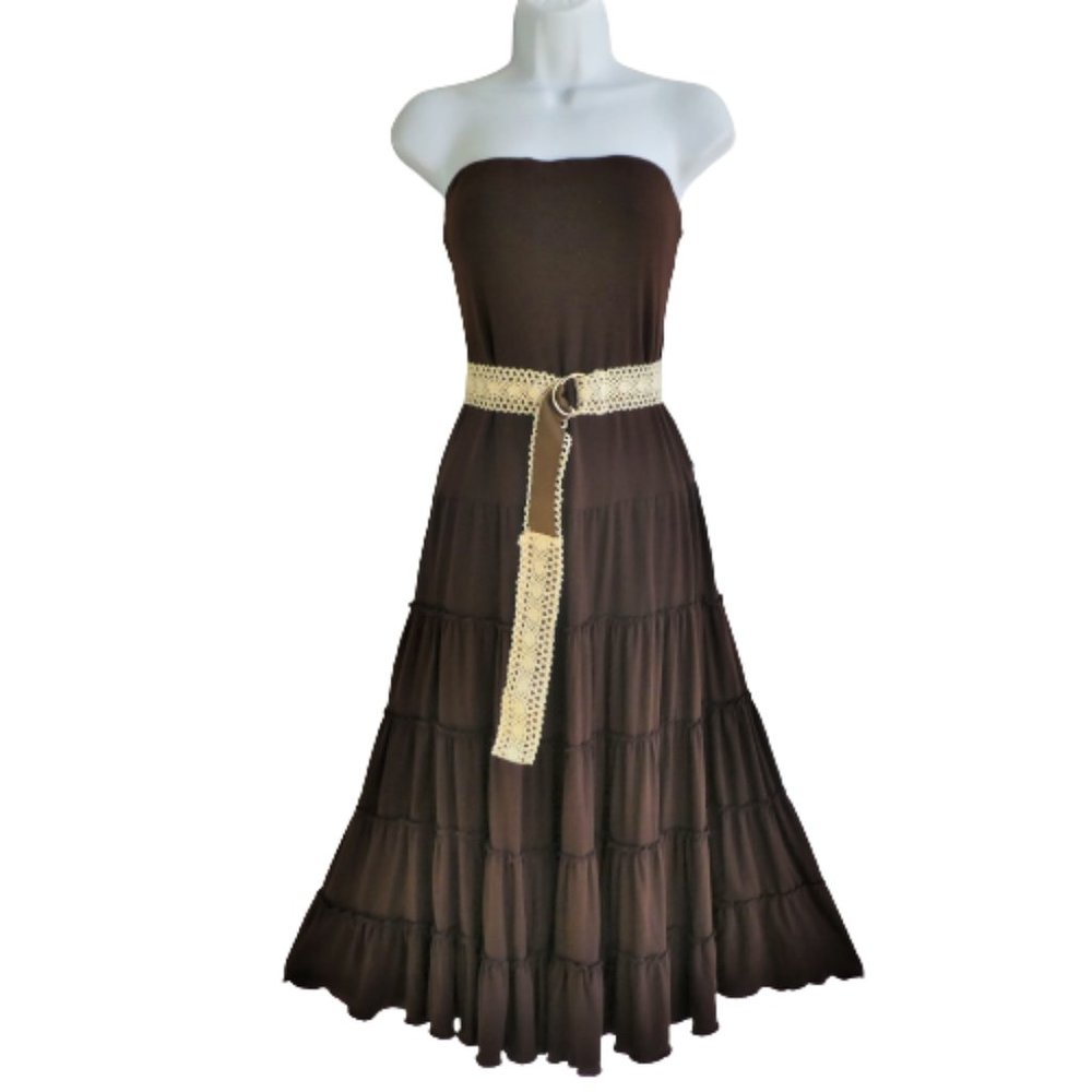 Vintage Y2K Cache USA Strapless Midi Dress Brown Tiered Ruffled Skirt Stretch 12